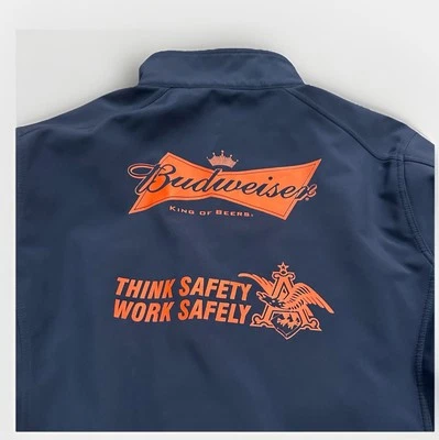 Budweiser Work Jacket Mens Size L Blue Logo American Flag Zip Fleece Lined Beer - Image 1 of 4