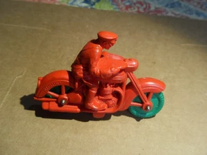 Vintage Auburn Rubber Toy Motorcycle Red with Green Tires Policeman Cop Rider - Picture 1 of 19