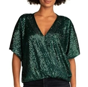 Trina Turk Smaragd Concourse Grün Pailletten Bluse XL V-Ausschnitt Dolmanärmel Party - Bild 1 von 12