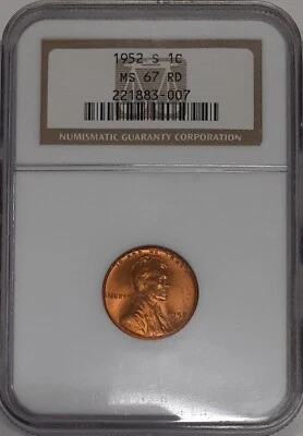 1952-S Lincoln Wheat Cent 1c NGC MS-67 RD   - Image 1 of 2