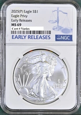 2025 P Silver Eagle with Eagle Privy NGC MS69 Early Lanzations Er Label en mano Foto 1 de 4