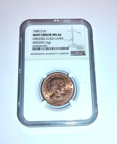1980 SUSAN B ANTHONY $1.00 COIN Mint Error MS 66 Obverse Clad Layer Cover
