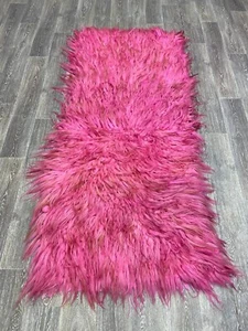 Shaggy Pink Rug, Tulu Rug, Handmade Rug, Barbie Rug Runner, 3x7 Ft, Long Pile - Picture 1 of 14