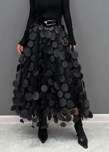 Womens 3D Polka Dot Mesh Skirt High Waist A Line Fashion Party Long Tulle Dress