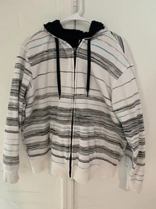 Men's Faded Glory Black Fur Lined Zip Up Hooded White Jacket Striped Size Large - Picture 1 of 3