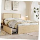 Natural Rattan Headboard Queen Bedframe with 4 Storage Drawers and Footboard,