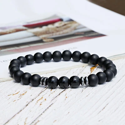 Pulseras energéticas con cuentas de yoga piedra ágata mate turmalina negra para hombre Foto 1 de 4
