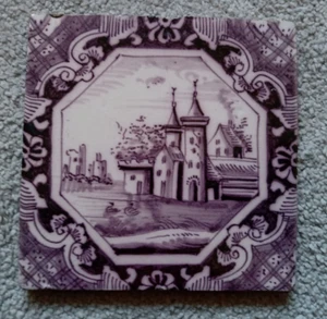 Antique Dutch / English Mauve / Purple Polychrome Delft Tile 5.25 inch square - Picture 1 of 5