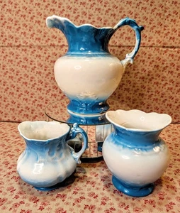 Dresden Semi-Porcelain 3-Piece Pitcher Vase Set~Aqua Ombre~Chic Farmhouse~ATQ - Picture 1 of 22