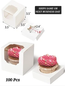 100 Cupcake Boxes Individual Food Grade Paperboard Window Single Serve Box Gift - Afbeelding 1 van 6