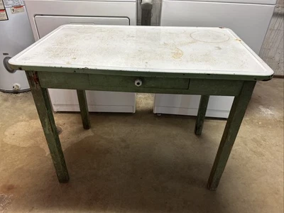 Vintage Metal, Enamel, Porcelain Top Green & White Table 40”L,25”W, 30”T - Image 1 of 4