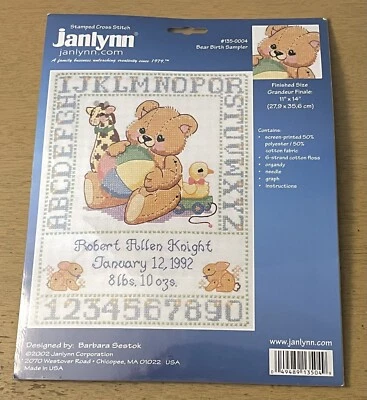 Vtg NOS Janlynn Stamped Cross Stitch Bear Birth Sampler Kit Baby Newborn Alphabe - Image 1 of 4