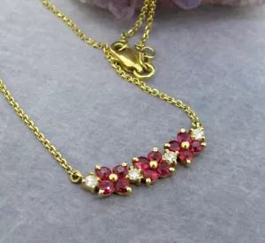 Ruby & Diamonds 14k Yellow Gold Three Flowers Style Pendant Chain Necklace 17'' - Picture 1 of 4