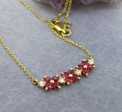 Ruby & Diamonds 14k Yellow Gold Three Flowers Style Pendant Chain Necklace 17'' - Image 1 of 4