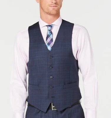 $165 Michael Kors Men Blue Classic Fit 5 Button Wool Plaid Dress Suit Vest 42 L - Image 1 of 2