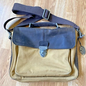 VTG Fossil Leather & Canvas Briefcase Messenger Shoulder Bag Distressed Brown - Picture 1 of 9