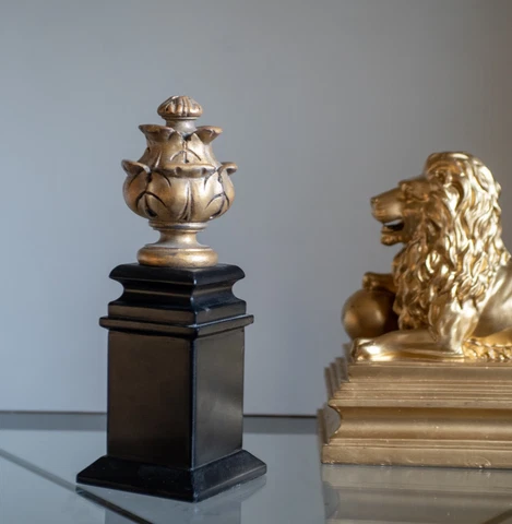 Gold and Black Mounted Finial Wooden Architectural Decor Piece on Black Pediment Cover