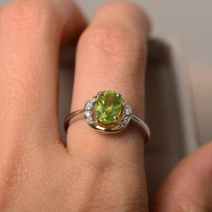 1.65 Ct Oval Cut Real Peridot & Diamond Engagement Ring 14K Solid White Gold - Picture 1 of 11