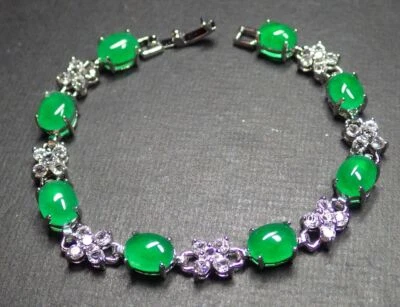 Brazalete Brazalete Genuino Verde Jade Cabujón Ovalado Circonita Cúbica Flor 18KGG Foto 1 de 4