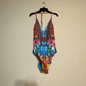 Nannette Lepore Women Large Swimsuit Multi Color One Piece V-Neck Swimsuit - Picture 1 of 6