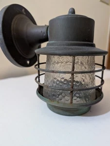 Vintage Nautical Caged Porch Light Fixture W/ Textured Glass Green Brown READ - Picture 1 of 19