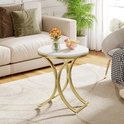 2PCS Round Side Table Faux Marble Top Gold Metal Legs, Modern End Table Night... - Image 1 of 4