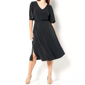 GIRL WITH CURVES NWOT Knit Midi Dress with Flutter Sleeve Black Size XL Slit Hem - Picture 1 of 6