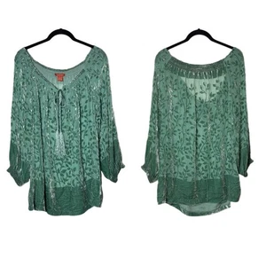 Sundance Silk Floral Print Sheer Velour Quarter Sleeve Burnout Peasant Blouse M - Picture 1 of 16