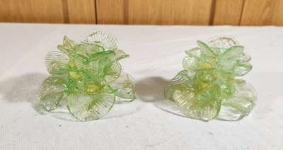 Vintage Green And Gold Speckle Murano?Art Glass Flower Taper Candle Holders  - image 1 of 4