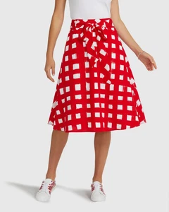 REVIEW x Bromley Red & White Check A-Line Skirt SIZE 10 missing belt has pockets - Picture 1 of 10