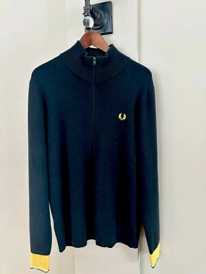 Fred Perry Merino Wool Full Zip Jacket Sweater Size Medium Dark Navy With Golden - Image 1 of 4