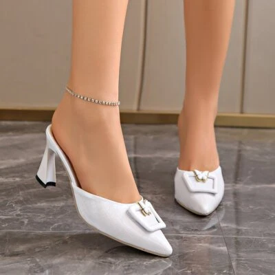 Zapatillas de verano para mujer con tacón ancho sin cordones de charol punta puntiaguda zapatos sandalia Foto 1 de 4