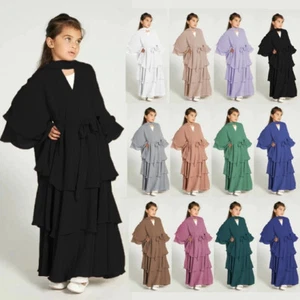 Dubai Muslim Children Kids Girls Long Dress Kaftan Chiffon Abaya Islamic Arab - Picture 1 of 26