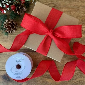 Red Christmas Ribbon Eco Wired Edge Burlap Natural Jute Rustic No.16 Eleganza - Picture 1 of 2
