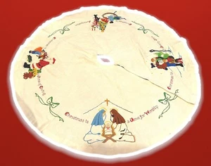 Vtg Hand Embroidered 3D Christmas Tree Skirt Wise Men Jesus Santa 38” - Picture 1 of 9