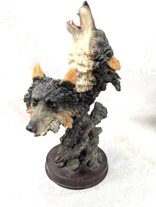 Wolves 2 Head Sculpture Resin Brown Grey 10" Wood Base - Picture 1 of 9