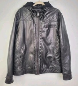 Buffalo David Bitton Mens Size Large Jacket Black Faux Leather 5 Pocket W/Hood - Picture 1 of 24