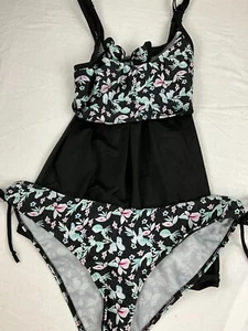 Women’s Lunnow 2-Piece Floral Bathing Suit Set Size XL Black Tankini Swimwear - Picture 1 of 3