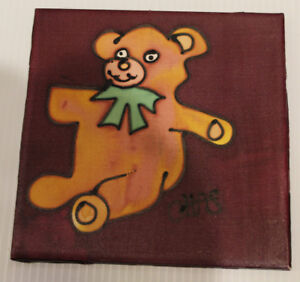 8 by 8" ceramic tile-covered with hand painted silk Africa Folk Art-Teddy Bear
