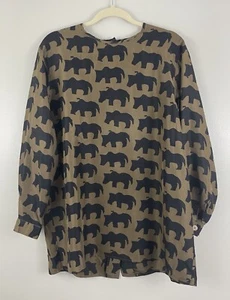 Vintage 80s Silk Blouse Brown Rhino Print Oversized Tunic Shirt Womens Small - Picture 1 of 4