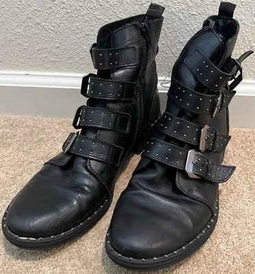 Botas Steve Madden Black Pursue com fivela e alças de couro com zíper tamanho 9 - Imagem 1 de 4