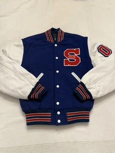 CHAQUETA UNIVERSITARIA VINTAGE STEWART & STRAUSS Letterman’s azul y rojo caballo rescate xs - Imagen 1 de 4