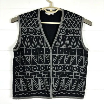 Vintage Alpaca Vest Betsys Large black gray embroidery art to wear geometric - Image 1 of 4