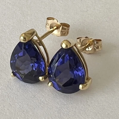 P2250 New 14k Solid yellow Gold Iolite Topaz Pear Studs Earrings Gemstone 7*9mm - Image 1 of 4