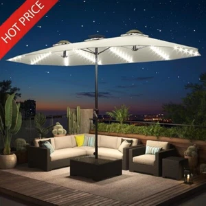 15ft Solar LED Patio Umbrella Outdoor Double-Sided Shade W/ Crank Handle New - Picture 1 of 8