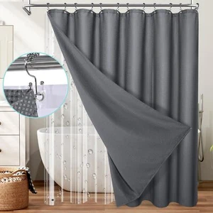 3 in 1 Shower Curtain Set Weighted Shower Curtain Hooks 72"x72" Charcoal Gray - Picture 1 of 7