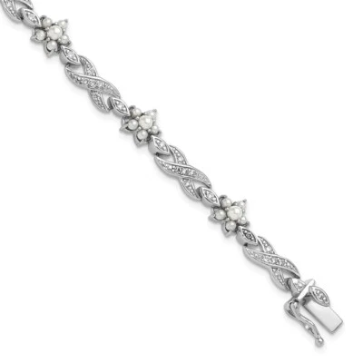 Sterling Silver Cubic Zirconia & Pearl Floral Infinity Bracelet 7.25" 12.1gm - Image 1 of 4