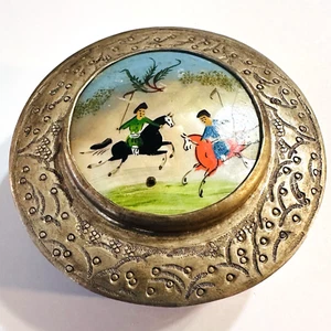 Antico portagioie piatto storia contenitore tabacco specchiato madreperla argento - Foto 1 di 24