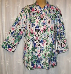 NWT SZ 3 CHICO'S WHITE MULTI NO IRON STRETCH IKAT ----- $89. -----FUN SHIRT TOP - Picture 1 of 5
