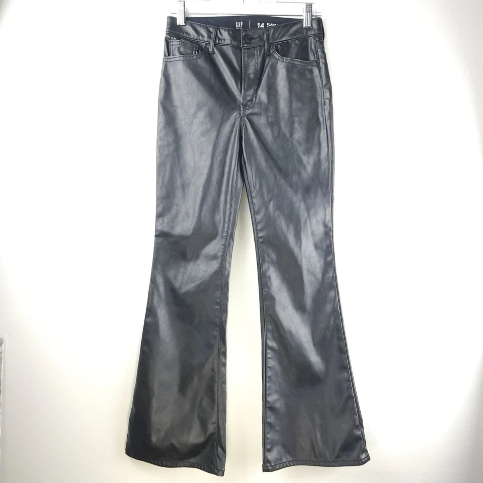 FAUX LEATHER PANTS Girls Gap Kids 14 High Rise Bell Bottom Punk Goth Biker NICE - Image 1 of 4